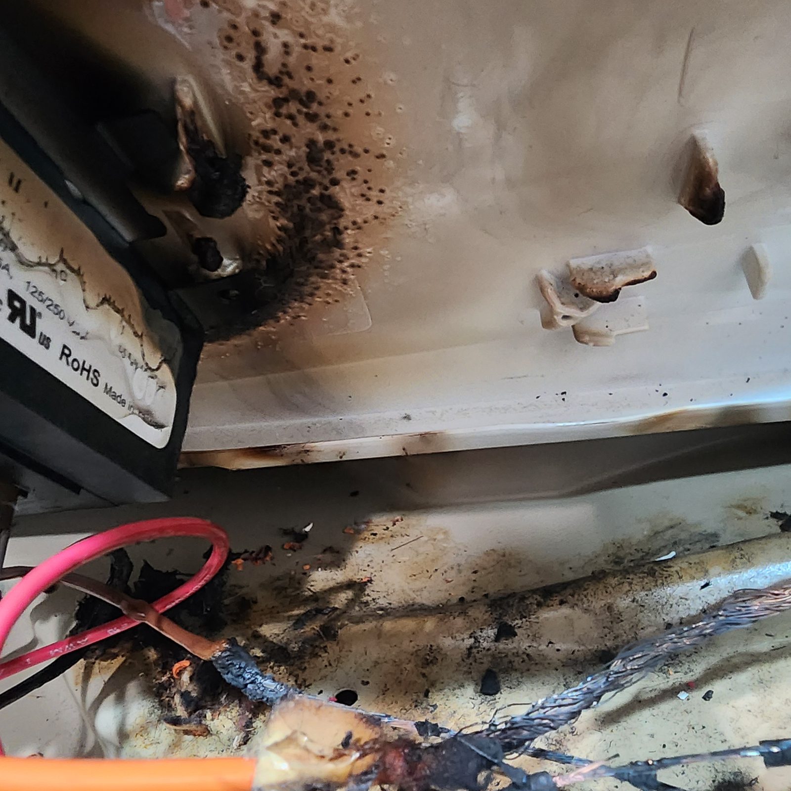 Sabotaged dryer wiring that failed and burned, another view